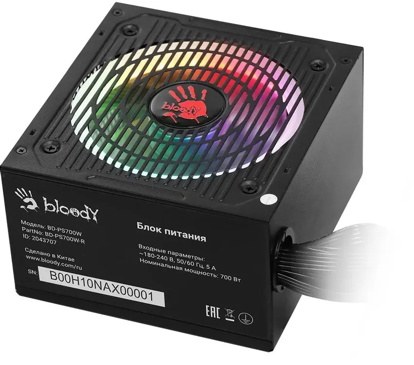 Блок питания 700 Вт Bloody BD-PS700W Black; ATX; 1x24 pin; 1x8(4+4) pin; 4x6+2 pin PCI-E; 6xSata; 2xMolex; 80+ White; 120 мм