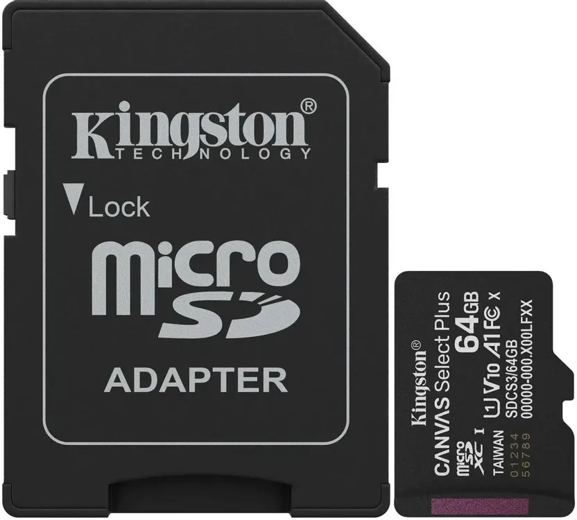 Карта памяти 64 ГБ Kingston Canvas Select Plus (SDCS3/64GB); micro SDXC UHS-I U1 A1 V10; Class 10; адаптер SD