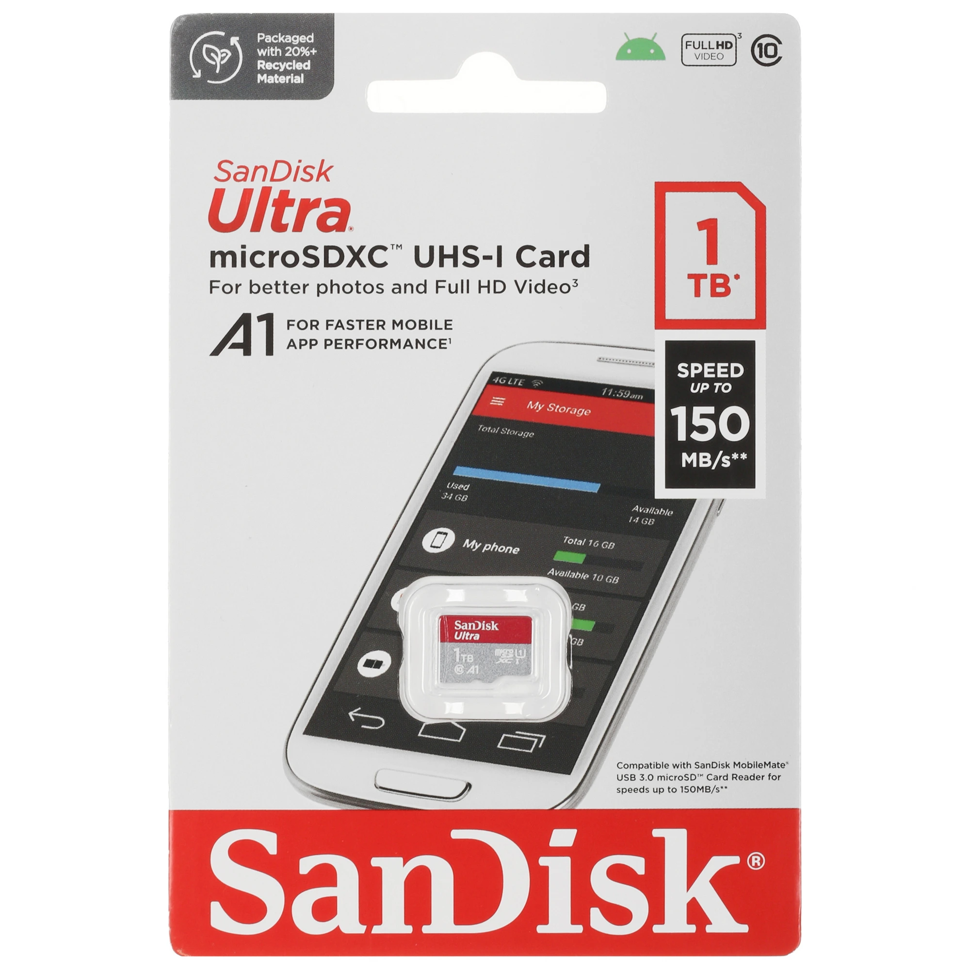 Карта памяти 1 TБ Sandisk Ultra (SDSQUAC-1T00-GN6MN); micro SDXC UHS-I U1 A1 V10; Class 10; без адаптера
