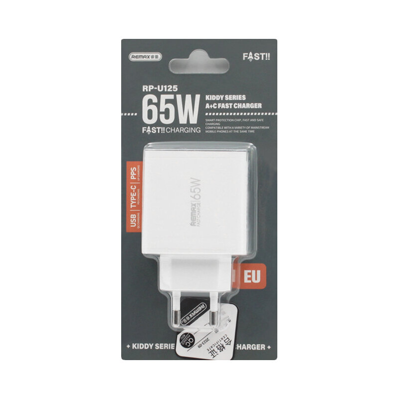 Зарядное устройство Remax RP-U125 White; 2 USB порта (Type-A+Type-C) 3.25A; 65 Вт; QC3.0, белый