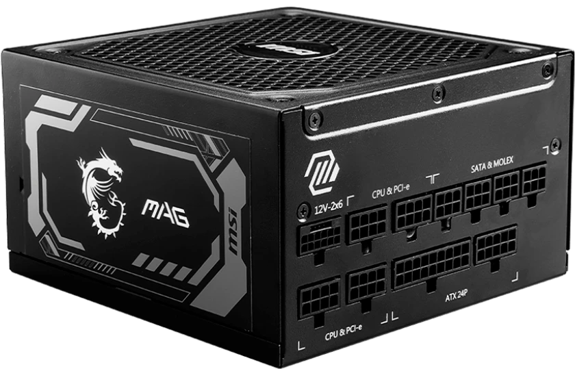 Блок питания 1250 Вт MSI MAG A1250GL PCIE5 12VHPWR (306-7ZP9A11-CE0); 1x24 pin; 2x8(4+4) pin; 12xSata; 4xMolex; 4x6+2-pin PCI-E; 80+ Gold; отстегивающ