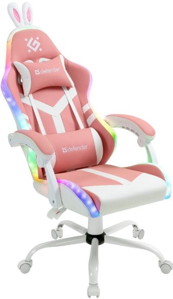 Кресло для геймеров Defender Ideal Pink (64041); иск. кожа; RGB подсветка; 100 мм (класс 4); нагрузка до 110 кг; белый + розовый