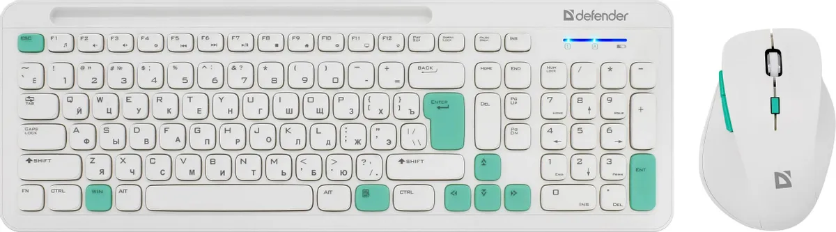Комплект Defender CERRATO C-978 (45978***); беспроводной; USB; мембранная; оптическая; 800/1200/1600 dpi; 1xAAA/2xAAA; мультимедийный; белый + голубой
