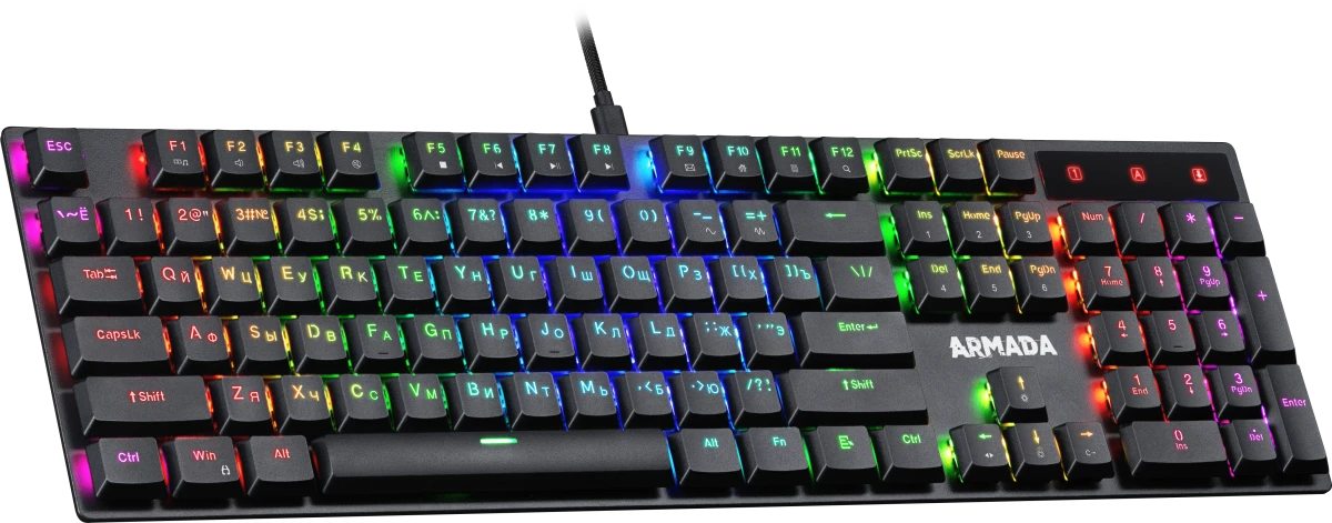 Клавиатура игровая Defender Armada GK-004 (45004); USB; механическая; 104 клавиш; 12 (+FN); Hot Swap; подсветка RGB; ENG\RUS; отсоединяемый кабель; чё