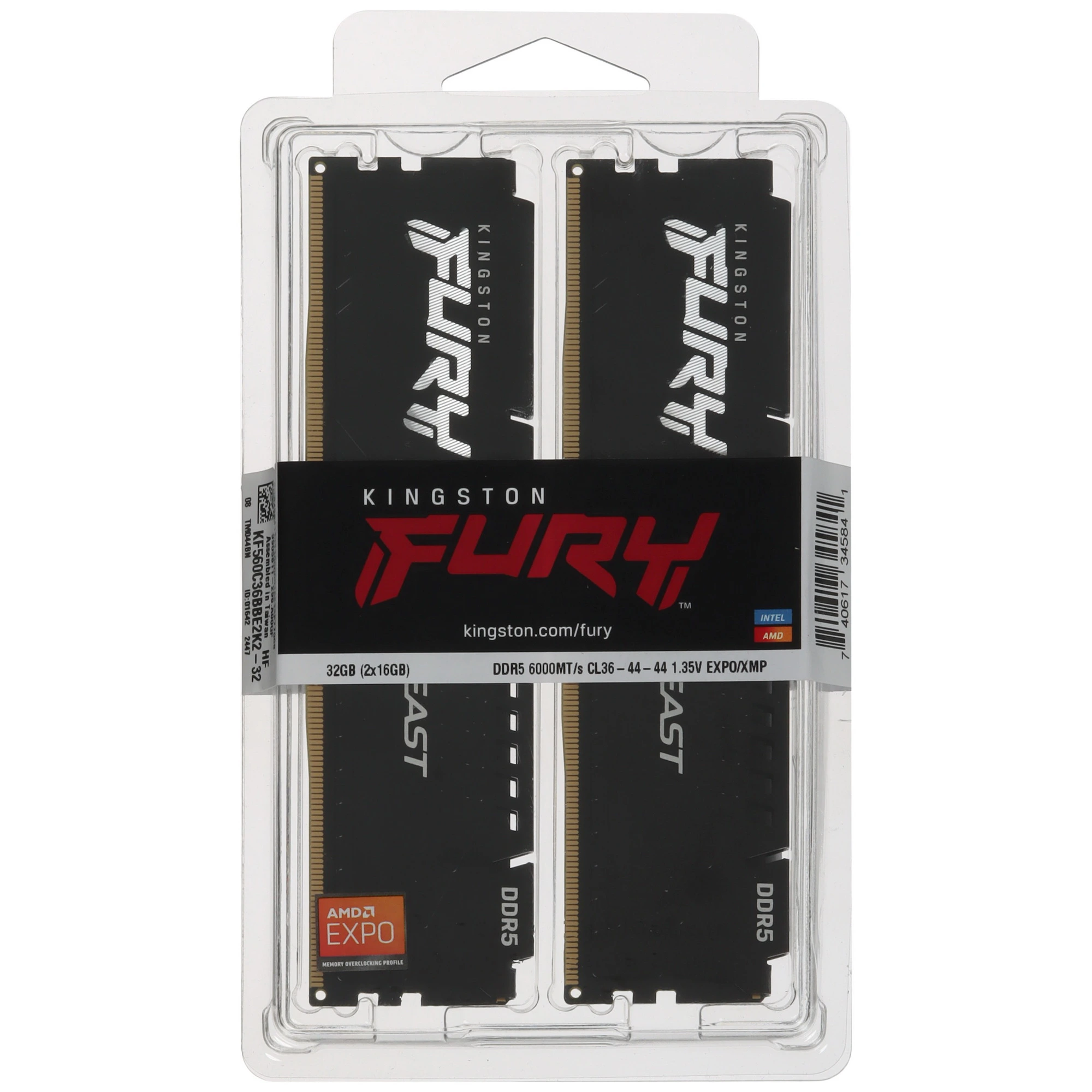 Модуль памяти DDR5 32 ГБ Kingston FURY Beast Black (KF560C36BBE2-32); 6000 МГц; CL36; 1,35В; радиаторы; RET