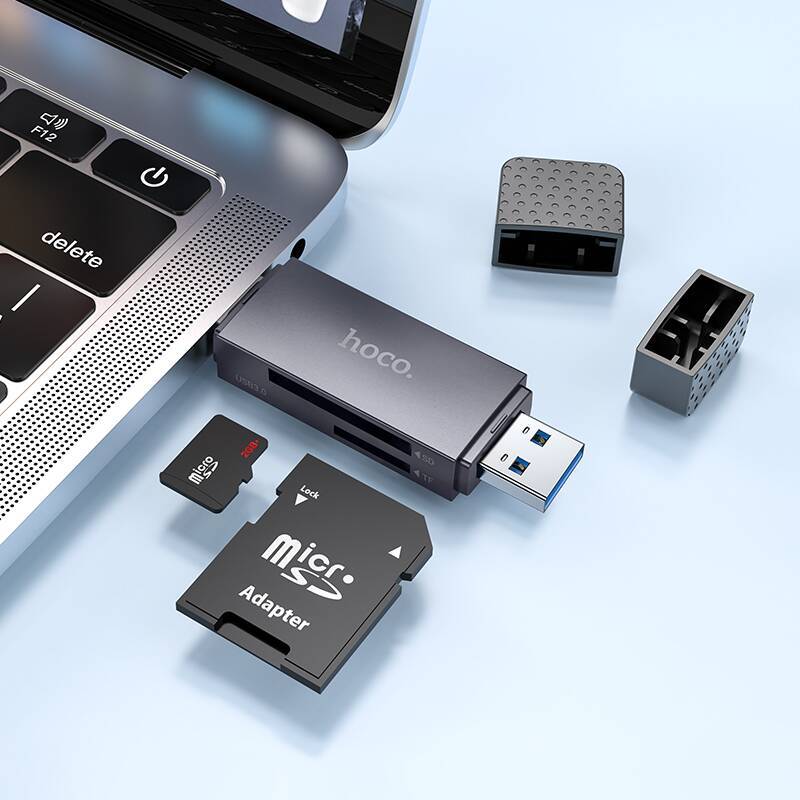 Кардридер внешний Hoco HB45 Spirit USB-A and Type-C USB3.0; в виде флэшки; SD/MMC; microSD; SDНС; пластик; чёрный