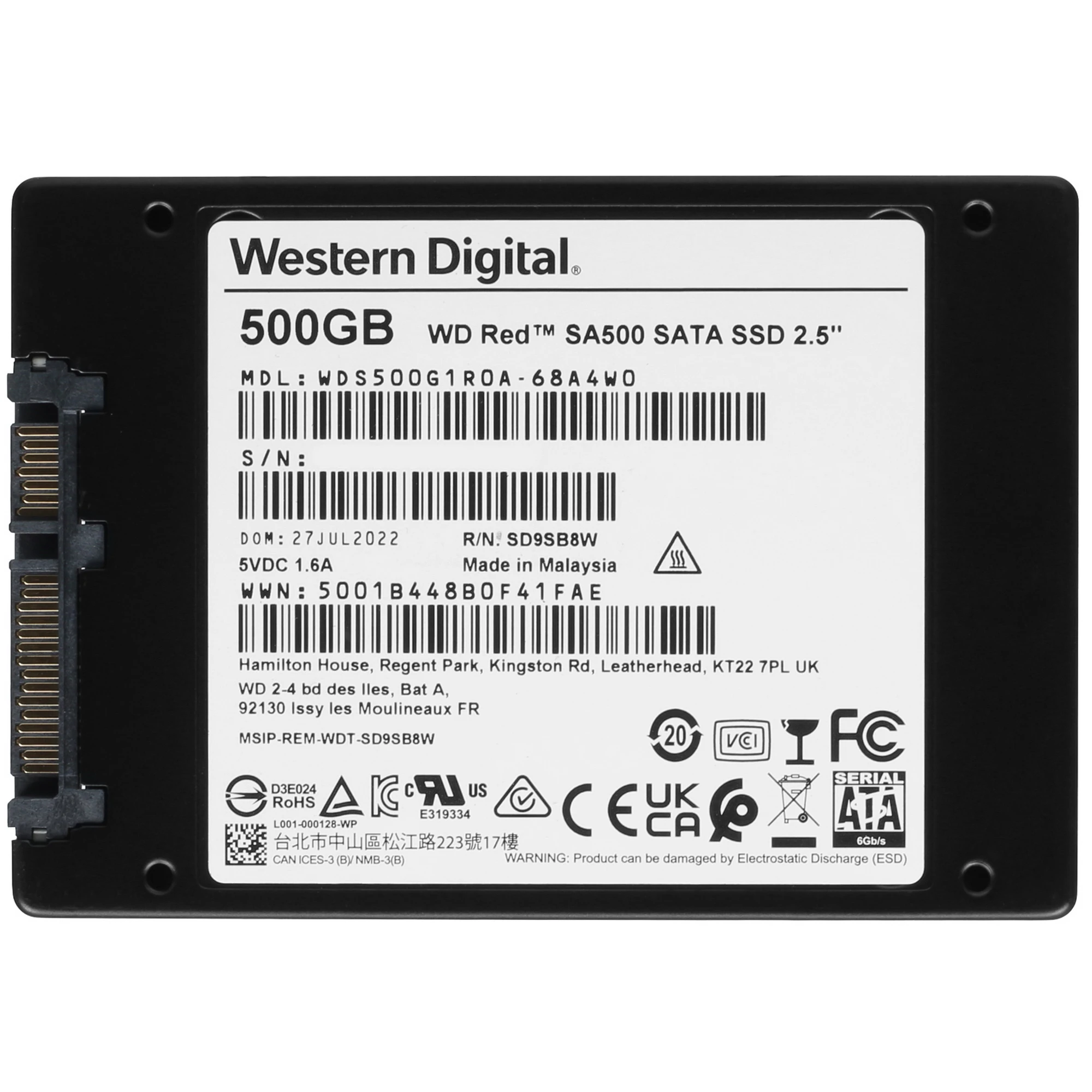 Накопитель SSD 500 ГБ Western Digital Red SA500 (WDS500G1R0A); 2,5"; 560Мб/с -  530Мб/с; TLC; SATA III; RET