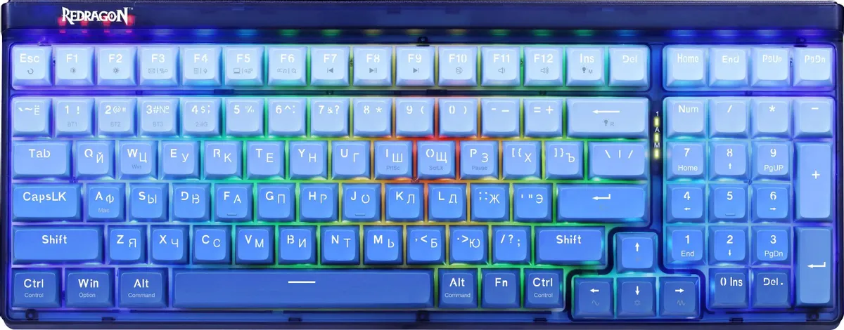 Клавиатура игровая Redragon Garen Pro (71745); USB + (BT/2.4 Ггц); механическая; 100 клавиш; 12 (+FN); RGB подсветка; встроенный аккумулятор; синий