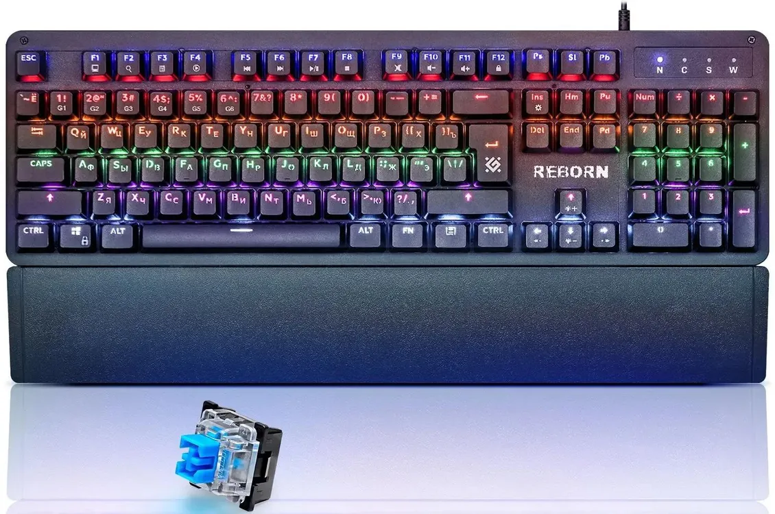 Клавиатура игровая Defender Reborn GK-165DL (45165***); USB; механическая; 104 клавиши; 12 (+FN); подсветка; ENG\RUS; чёрный