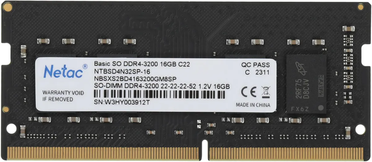 Модуль памяти SODIMM DDR4 16 ГБ Netac Basic (NTBSD4N32SP-16); 25600 MБ/с; 3200 МГц; RET