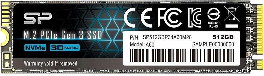 Накопитель SSD 512 ГБ SILICON POWER A60 (SP512GBP34A60M28); M.2 (2280); 2200Мб/с -  1600Mб/с; 3D NAND (TLC); PCI-E 4x; RET