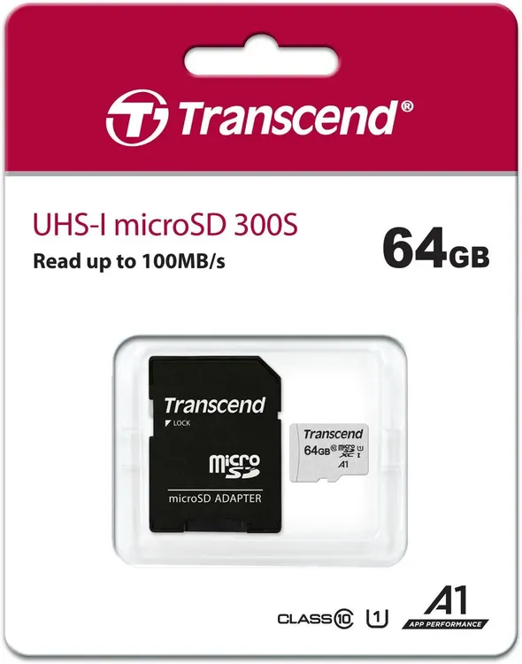 Карта памяти 64 ГБ Transcend 300S (TS64GUSD300S-A***); micro SDXC UHS-I U1; Class 10; адаптер SD