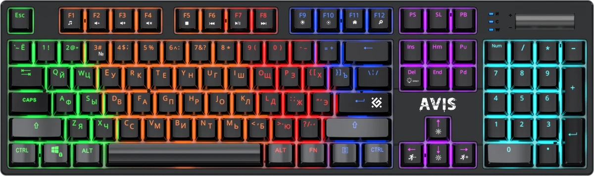 Клавиатура игровая Defender Avis GK-312 (45312); USB; механическая; 104 клавиш; 12 (+FN) + регулятор громкости; подсветка LED; отсоединяемый кабель; ч