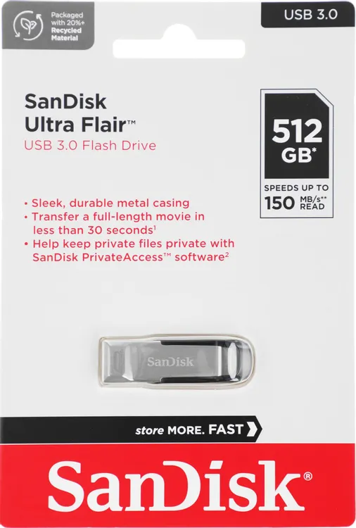 Накопитель USB-флэш 512 ГБ Sandisk Ultra Flair (SDCZ73-512G-G46); USB 3.2 Gen 1; моноблок; серебристый