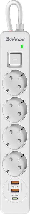 Сетевой фильтр Defender DFS 141 (99433); 1.5 м; 4 евро-розеток + 3 USB(2xType-A 20 Вт+1xType-C 18 Вт); QC3.0/PD; 16 А; 3680 Вт; 380 Дж; белый
