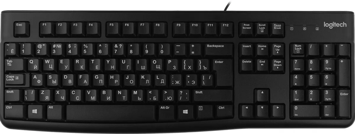 Клавиатура проводная Logitech K120 (920-002522); USB; мембранная; влагозащищенная; ENG\RUS; чёрный