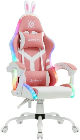 Кресло для геймеров Defender Ideal Pink (64041); иск. кожа; RGB подсветка; 100 мм (класс 4); нагрузка до 110 кг; белый + розовый