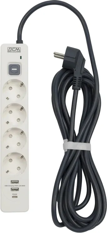 Сетевой фильтр Powercom SP-01 (USB2A1CW); 3 м; 4 евро-розеток + 3 USB(2xType-A 18 Вт+1xType-C 20 Вт); QC3.0/PD; 16 А; 4000 Вт; 380 Дж; белый