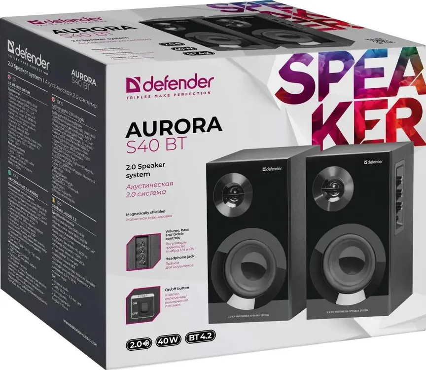 Акустическая система 2.0 Defender Aurora S40 (65240***); 2 x 20 Вт; 90 - 20000 Гц; дерево; BT; регулятор на боковой панели; сеть; черный