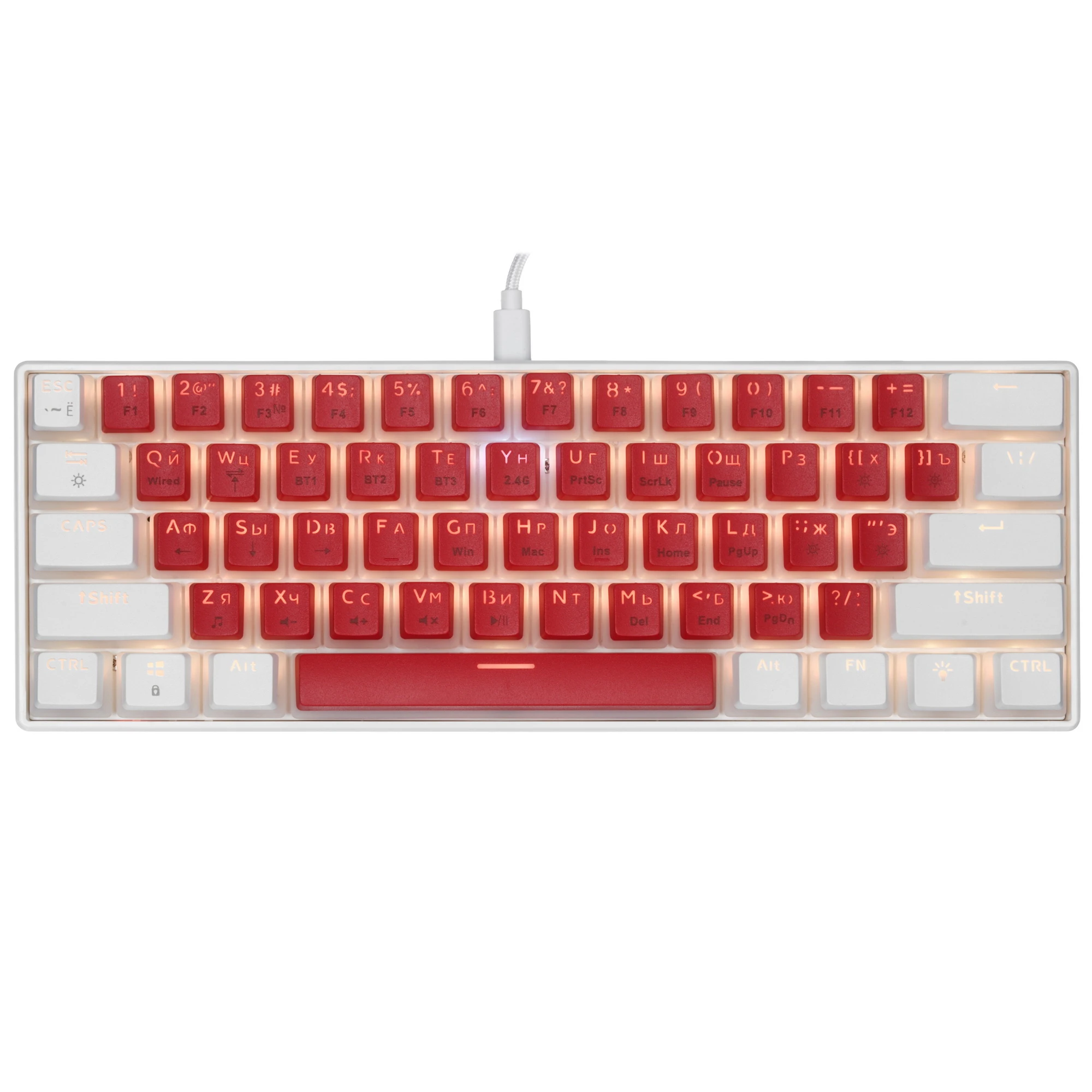 Клавиатура игровая Jet.A PANTEON T2 PRO BS Red-White (77); USB + (Bluetooth/2.4 Ггц); механическая; 61 клавиш; 12 (+FN); RGB; встроенный аккумулятор;