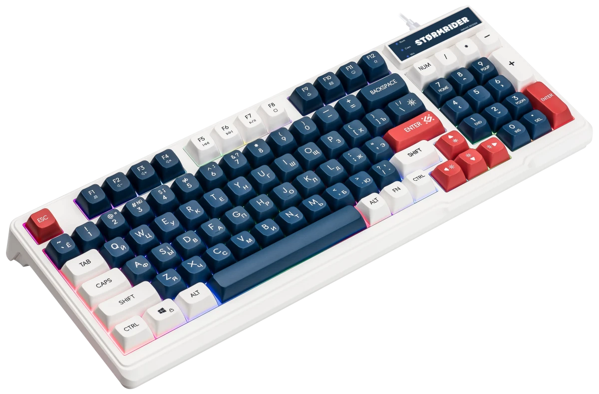 Клавиатура игровая Defender Stormrider GK-425 (45425); USB; мембранная; 94 клавиш; 12 (+FN); LED подсветка; ENG\RUS; отсоединяемый кабель; белый + син