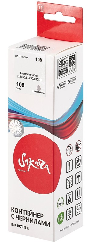 Чернила для Epson Sakura 108 Light Magenta (SIC13T09C64A); L8XXX/L18XXX; 70 мл; светло-пурпурный