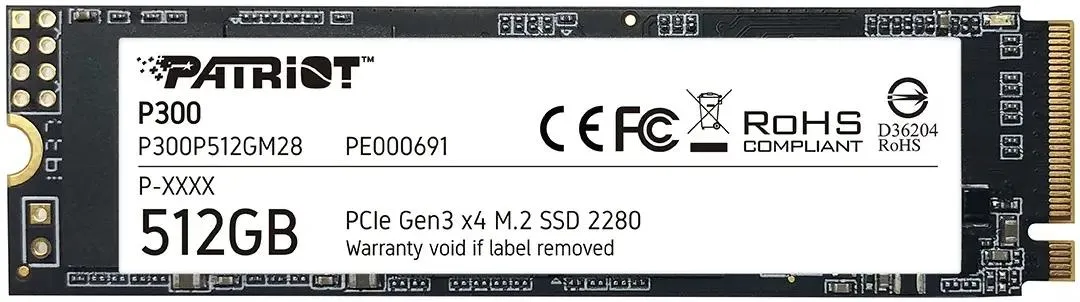 Накопитель SSD 512 ГБ Patriot P300 (P300P512GM28***); M.2 (2280); 1700Мб/с - 1200Мб/с; TLC; PCI-E 4x