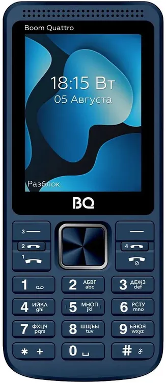 Мобильный телефон BQ Boom Quattro Blue (BQ-2455); 2,4"; 32 МБ; 32 МБ; 0.3M; 4 SIM карты; моноблок; пластик; micro-SD; 2 700 мА·ч; FM радио; BT; синий
