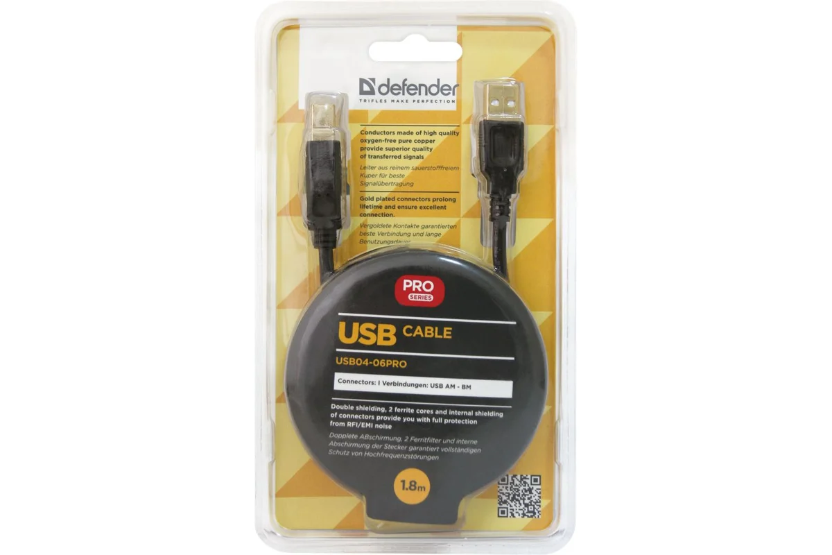 Кабель USB 2.0 AM/BM Defender USB04-06PRO (87430); два феритовых фильтра; позолоченные коннекторы; 1,8 м; черный