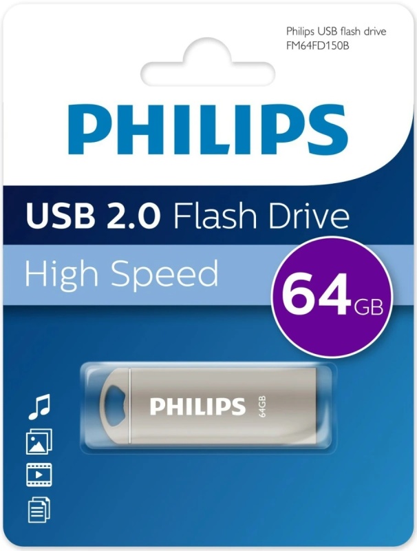 Накопитель USB-флэш 64 ГБ Philips Iron (FM64FD150B/97); USB 2.0; моноблок; металлический корпус; серебристый