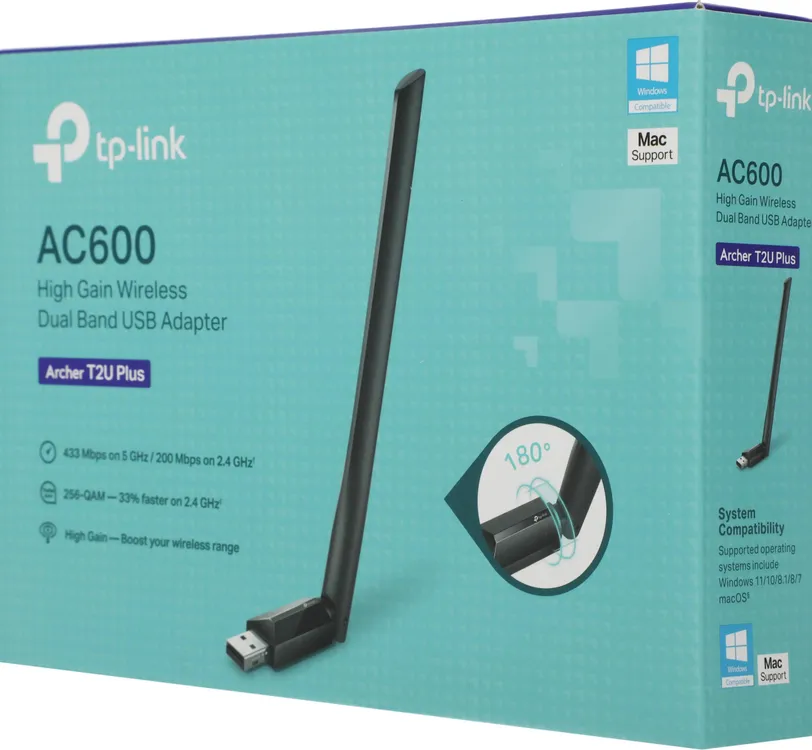Сетевая карта WiFi TP-Link Archer T2U Plus (AC600***); 633 Мбит/с; 1 x 5 dBi; USB