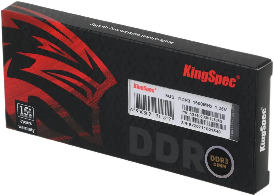 Модуль памяти DDR3 8 ГБ KingSpec (KS1600D3P13508G); 12800 MБ/с; 1600 МГц; RET