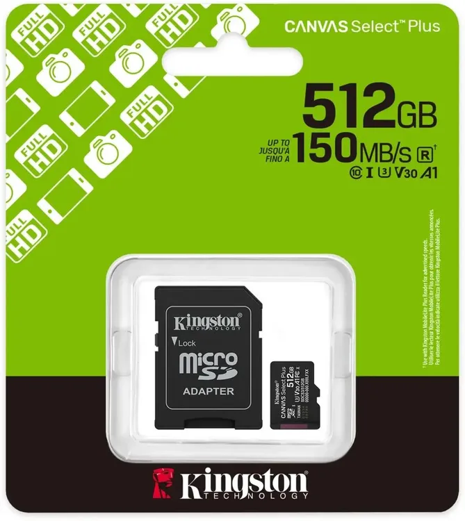 Карта памяти 512 ГБ Kingston Canvas Select Plus (SDCS2/512GB); micro SDXC UHS-I U3 V30; Class 10; адаптера SD