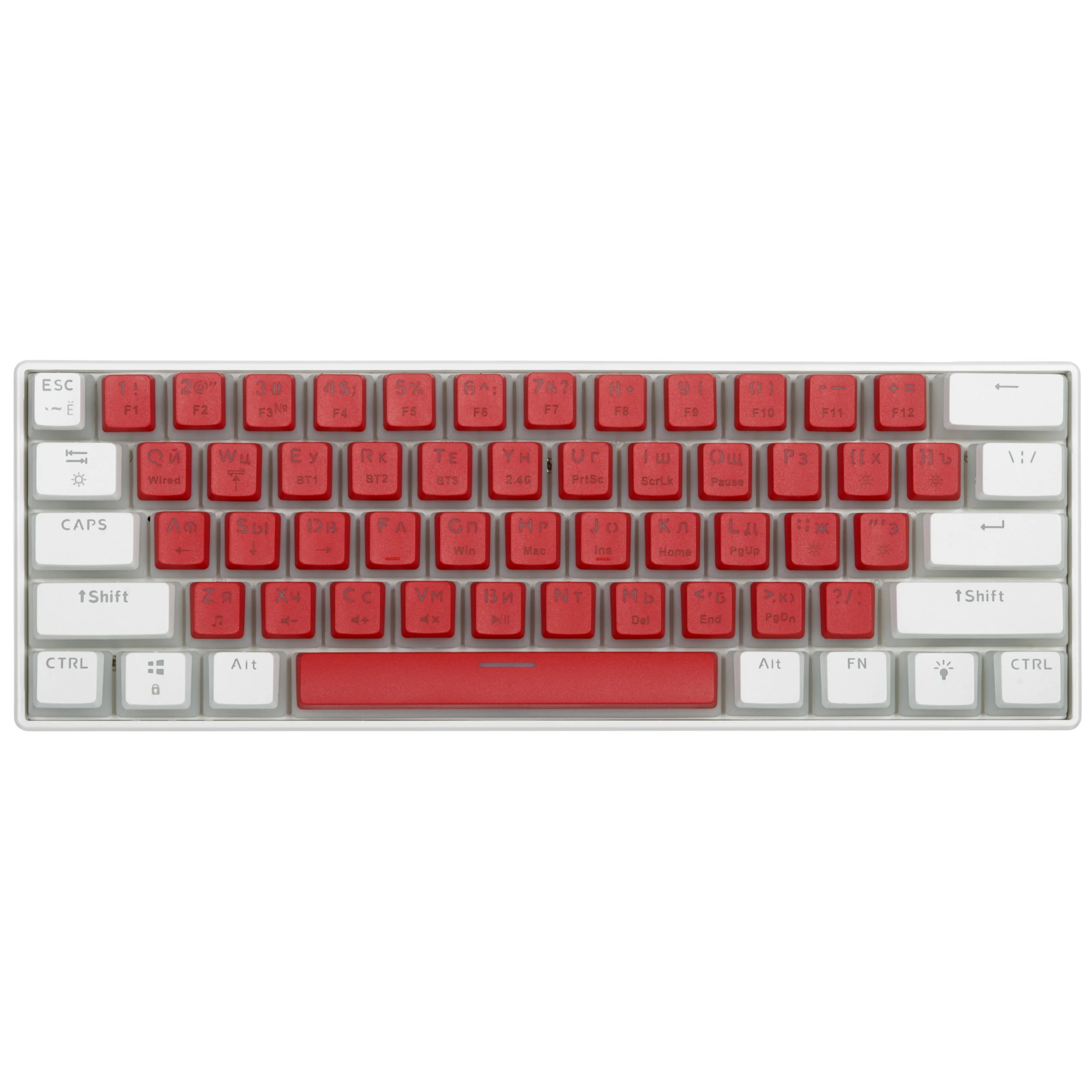 Клавиатура игровая Jet.A PANTEON T2 PRO BS Red-White (77); USB + (Bluetooth/2.4 Ггц); механическая; 61 клавиш; 12 (+FN); RGB; встроенный аккумулятор;