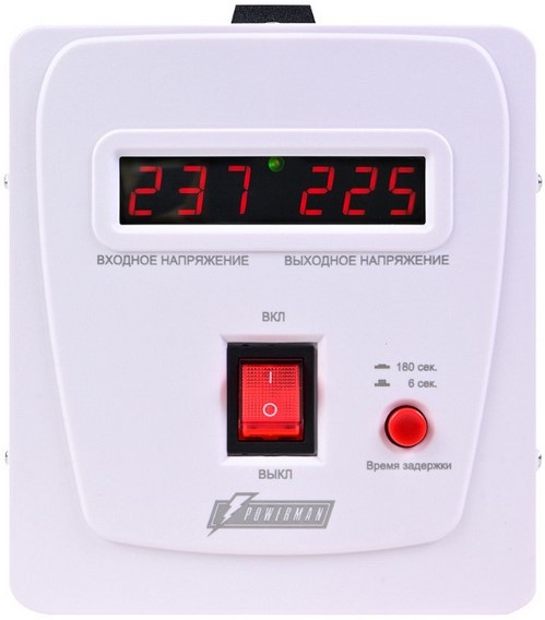 Стабилизатор напряжения Powerman AVS 2000E; 2000 ВА; 2000Вт; 10А; 130 - 260 B; 220 ± 8%; Индикация; 2 евророзетки