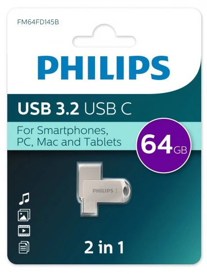 Накопитель USB-флэш 64 ГБ Philips (FM64FD145B/97); USB 3.X; ротатор; металлический корпус; OTG Type-C; серебристый