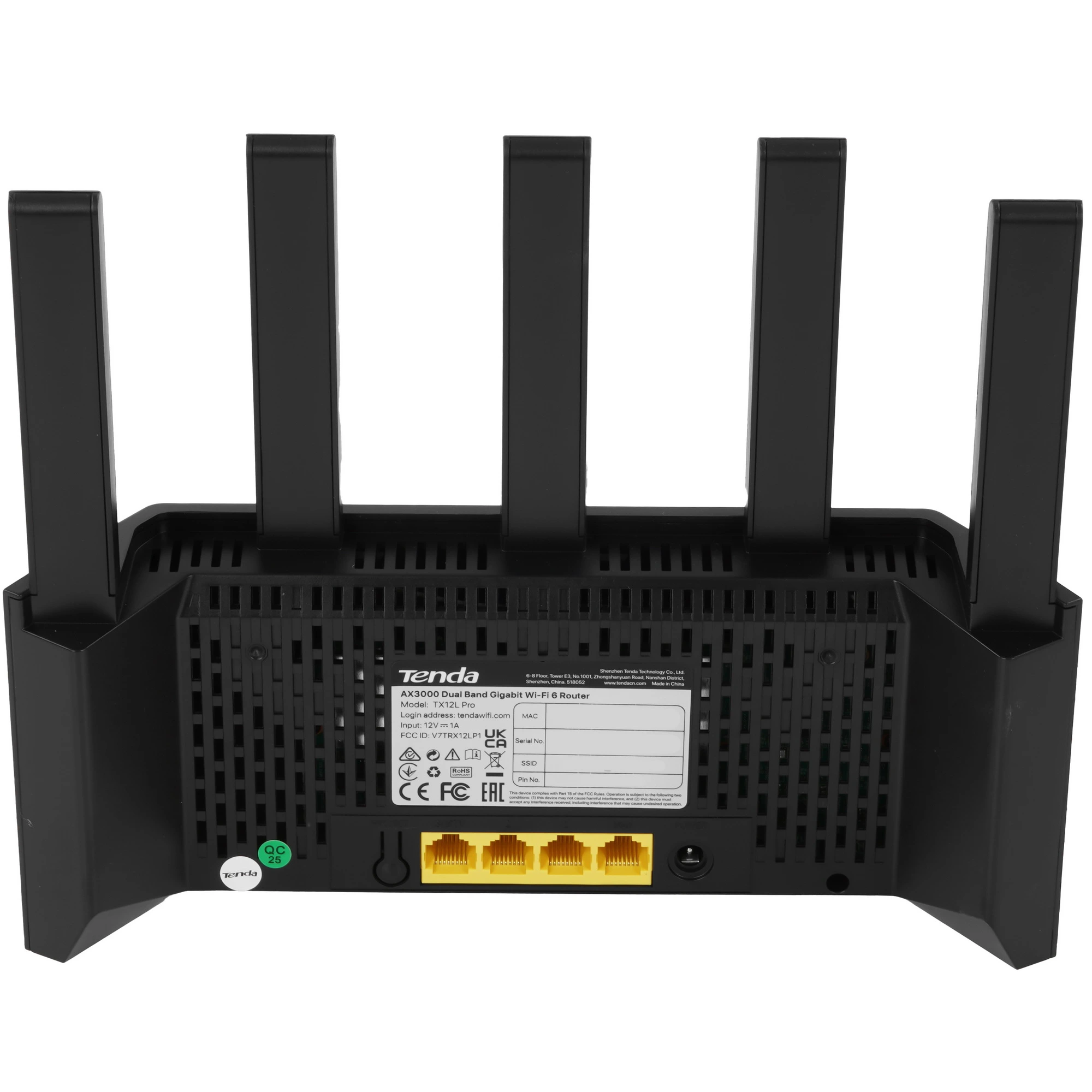 Роутер TENDA TX12L Pro (AX3000); 802.11 a/b/g/n/ac/ax; 574 Мбит/с + 2402 Мбит/с; 3x LAN 1000 Мбит/с, 1x WAN 1000 Мбит/с; 5 ant