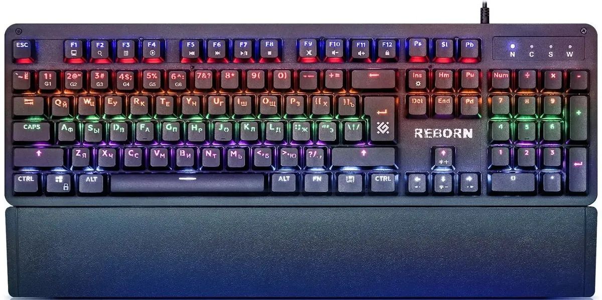 Клавиатура игровая Defender Reborn GK-165DL (45165***); USB; механическая; 104 клавиши; 12 (+FN); подсветка; ENG\RUS; чёрный