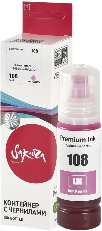 Чернила для Epson Sakura 108 Light Magenta (SIC13T09C64A); L8XXX/L18XXX; 70 мл; светло-пурпурный