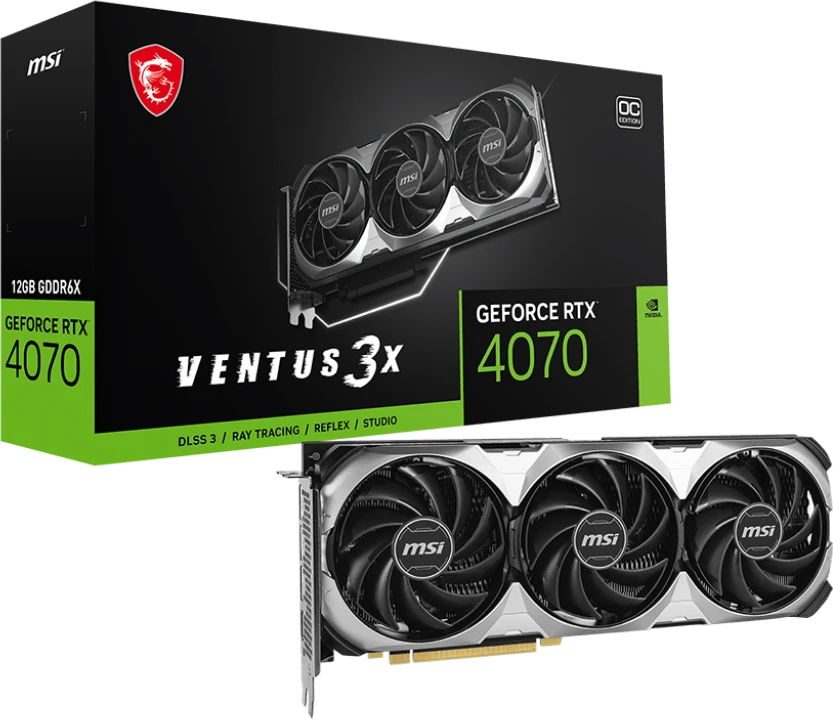 Видеокарта Nvidia GeForce RTX 4070 12 ГБ GDDR6X MSI RTX 4070 VENTUS 3X E 12G OC***; PCI-E; кулер; RET; 1920-2520 МГц; 21000 МГц; 192 бит; 1xHDMI; 3xDi