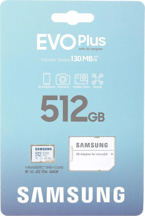 Карта памяти 512 ГБ Samsung EVO Plus (MB-MC512KA***); micro SDHC UHS-I U3; Class 10; адаптер SD
