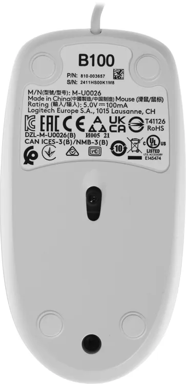 Мышь проводная Logitech B100 (910-003360***); USB; оптический; 800 dpi; 3 кнопки; колесо прокрутки; 