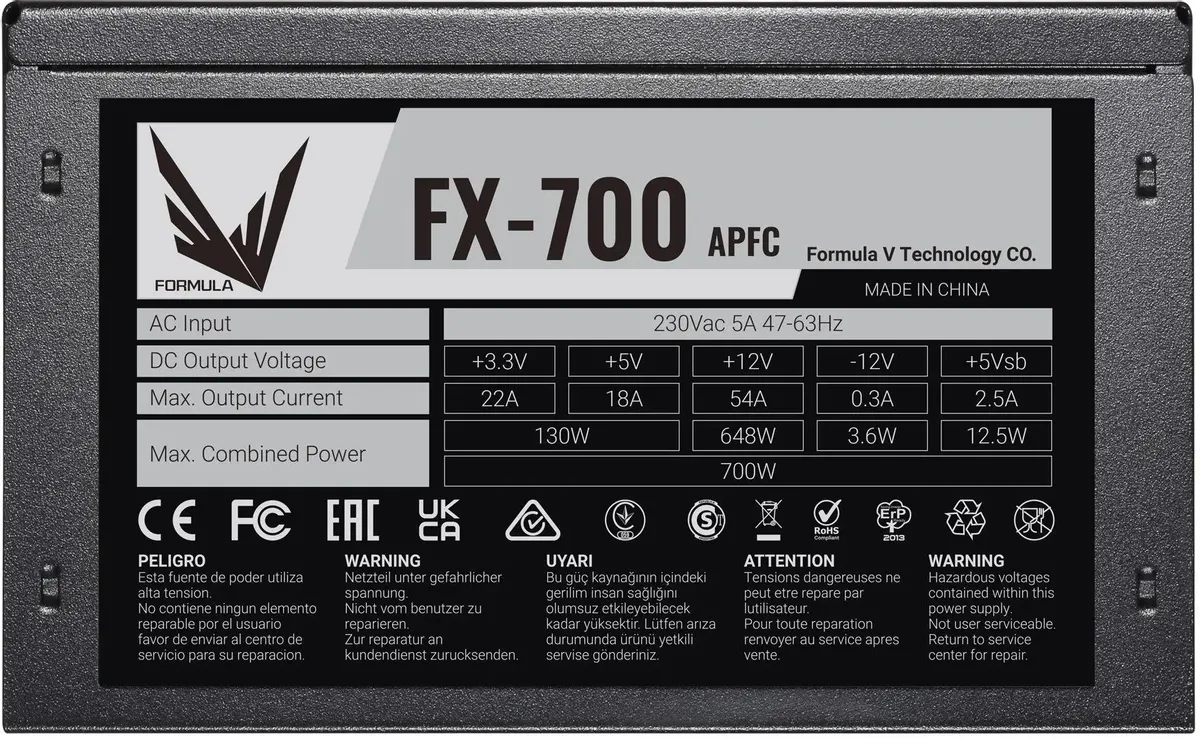 Блок питания 700 Вт Formula FX-700, черный, ATX, 1x24 pin, 2x4+4 pin, 2x6+2-pin, 7xSATA, 3xMolex, AFPC, 120 мм