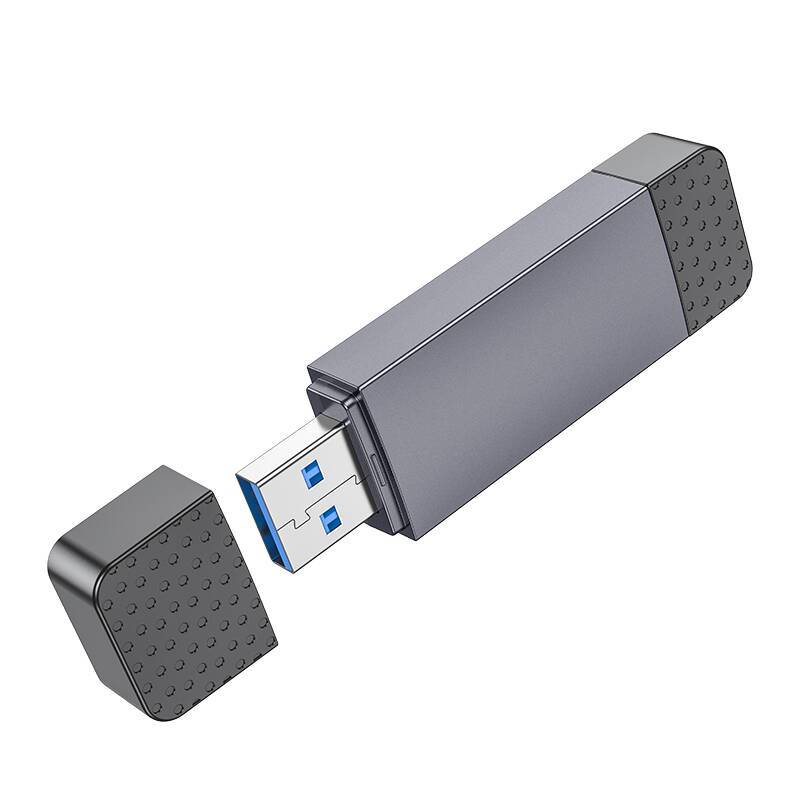 Кардридер внешний Hoco HB45 Spirit USB-A and Type-C USB3.0; в виде флэшки; SD/MMC; microSD; SDНС; пластик; чёрный