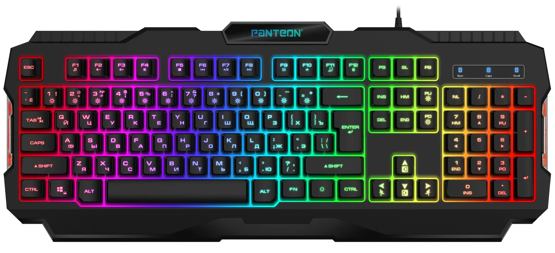 Клавиатура игровая Jet.A PANTEON M350 Black; USB; мембранная; 104 клавиш; 12 (+FN); подсветка RGB, PC, PlayStation 3/4/5, XBOX One; ENG\RUS; чёрный