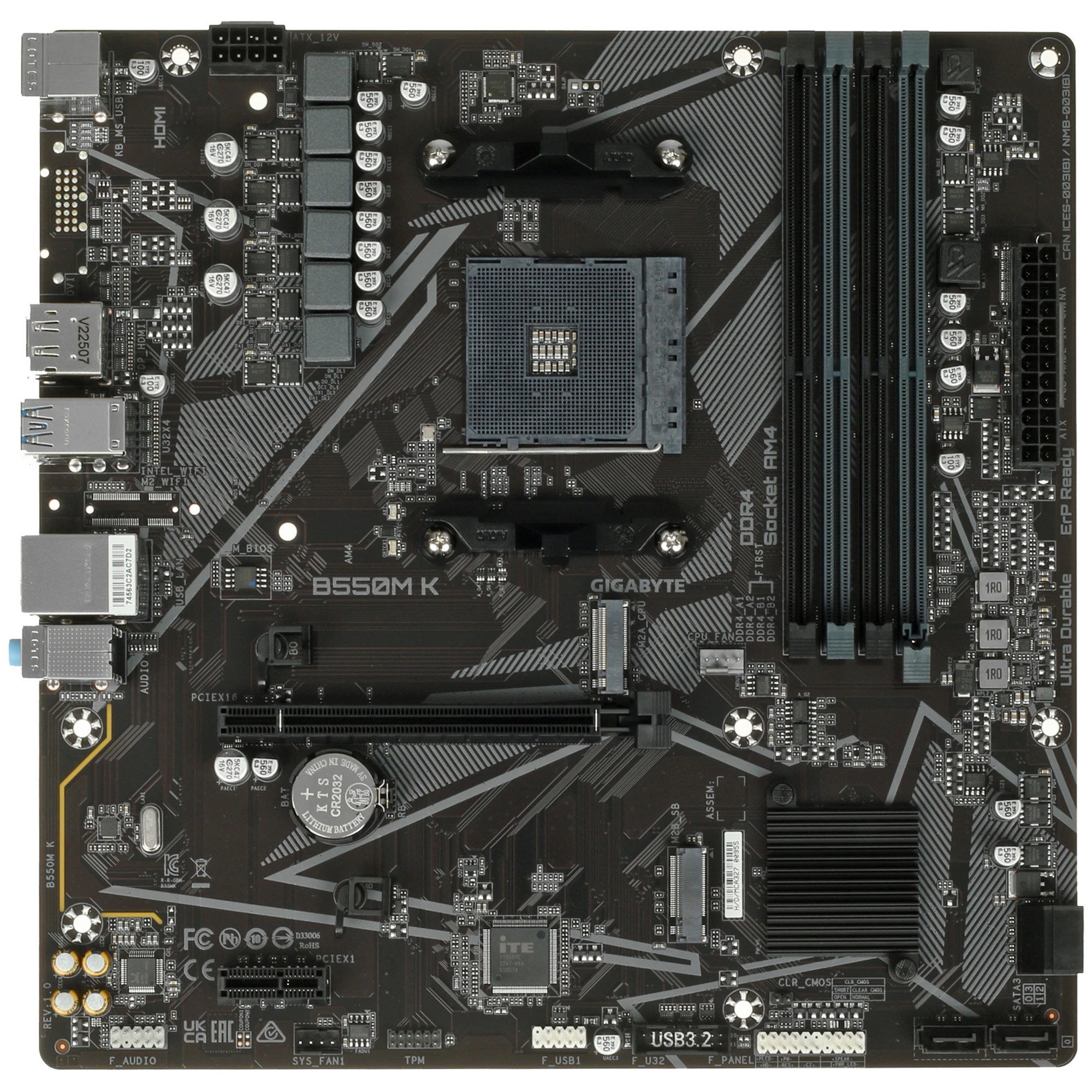 Материнская плата Gigabyte B550M K; Socket AM4; mATX; AMD B550; 4хDDR4(4733); 1xPCI-E x16; 1xPCI-E x1; DVI; 1xHDMI; 1xDP; 4(SATA 6Gb/s); 7.1 audio; 1G