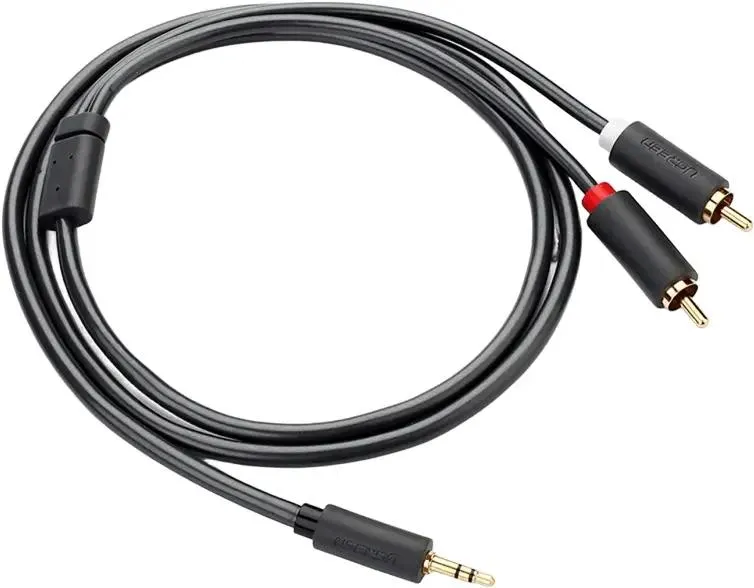 Кабель межблочный Ugreen AV102, (10512), Jack 3.5 - 2xRCA, ферритовый фильтр, 3,0 м, серый