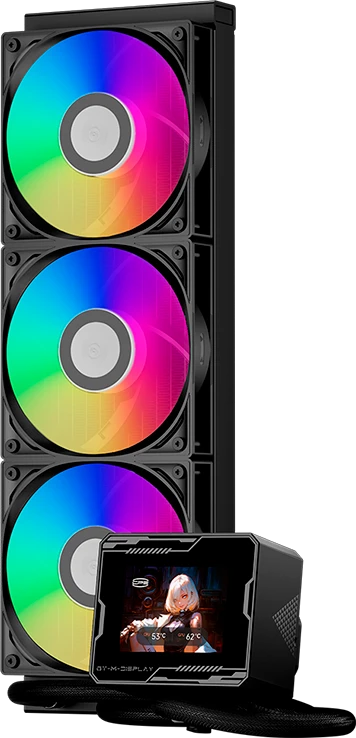 Система жидкостного охлаждения 360 мм PCCooler GT360M ARGB Display Black; активная; 3 вентилятора; 500-2200 об/мин; 33.7 дБ; 75.8 CFM