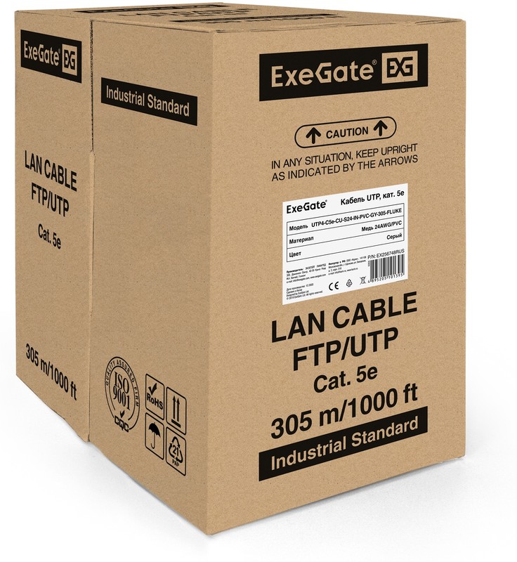 Кабель коммуникационный UTP ExeGate внутренний UTP4-C5e-CU-S24-IN-PVC-GY-305-FLUKE (EX256748RUS); кат. 5e; 4-х парный; жила 24AWG (0.511мм); СU (медь)