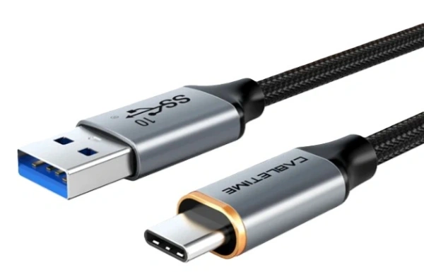Кабель USB->Type-C CABLETIME CA50L (CT-AMCM5A-AG2), 5А, 60 Вт, нейлоновая оплётка, корпус разъёмов алюминиевый сплав, 2,0 м, черный
